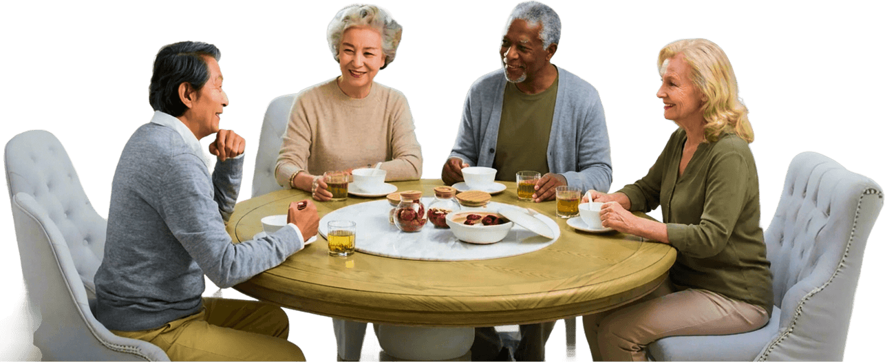 Group of Elderly Friends Chatting over Coffee Together at Independent Living Community Group of Elderly Friends Chatting over Coffee Together at Independent Living Community