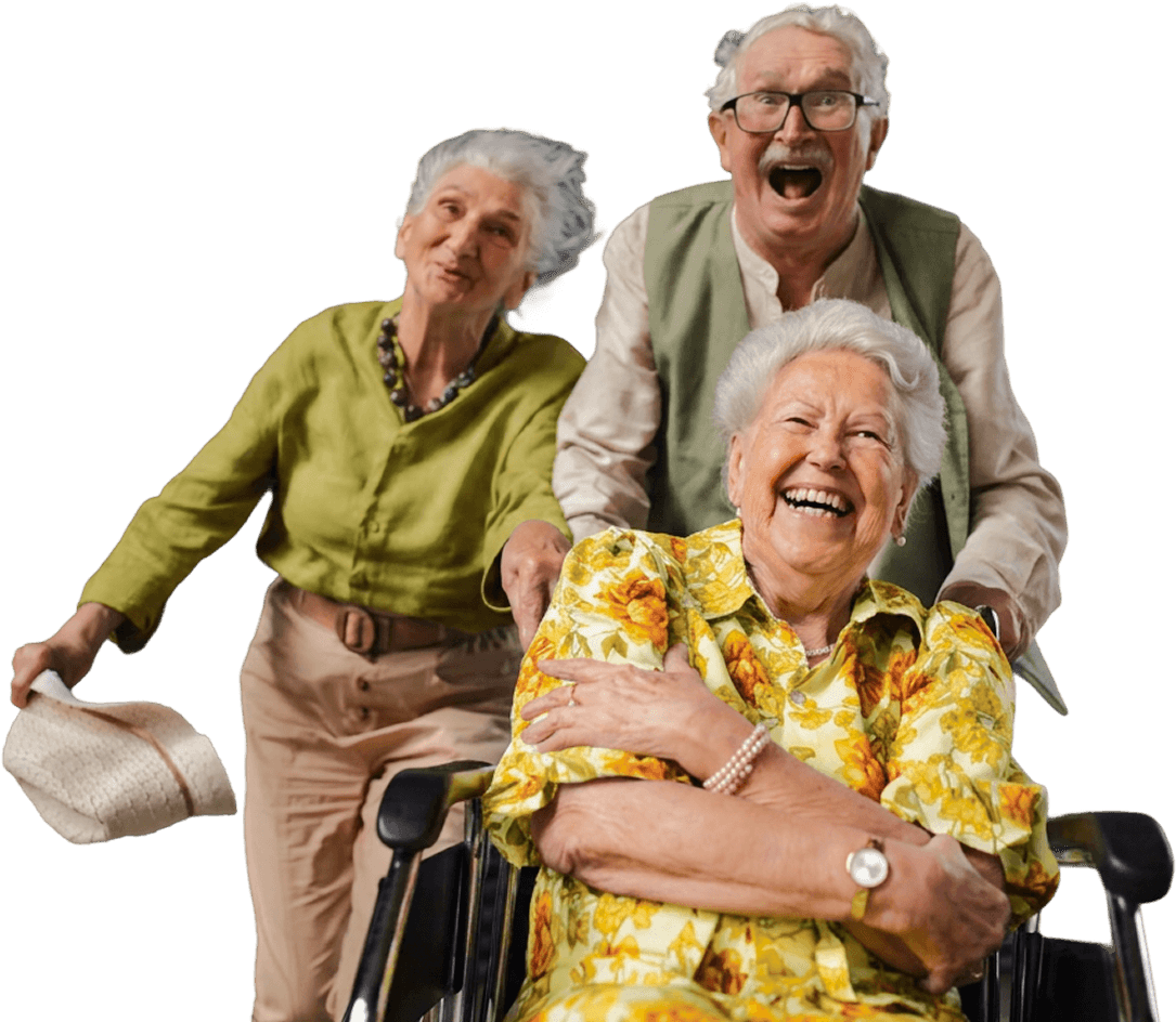 Three Joyful Elderly Friends Laughing Together Outdoors at Independent Living Community Three Joyful Elderly Friends Laughing Together Outdoors at Independent Living Community