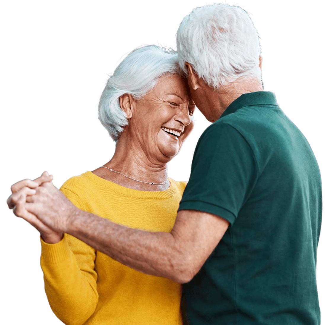 Elderly Couple Dancing Closely and Smiling Together Outdoors in Independent Living Elderly Couple Dancing Closely and Smiling Together Outdoors in Independent Living