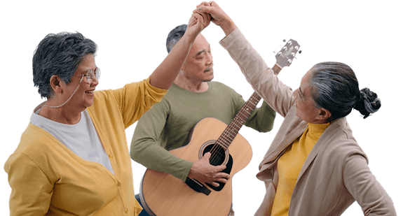 Elderly Friends Dancing and Playing Guitar Together Indoors at Independent Living Facility Elderly Friends Dancing and Playing Guitar Together Indoors at Independent Living Facility