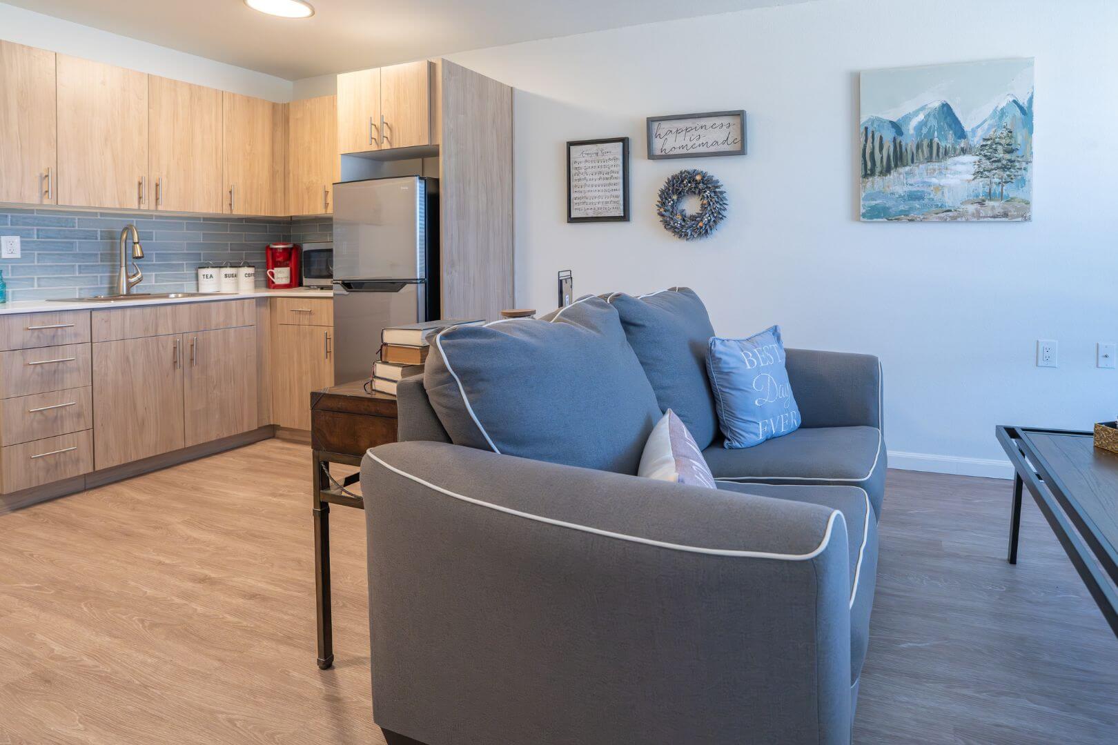 Cozy Apartment with Kitchenette, Sofa, and Wall Art in Our Independent Living Community