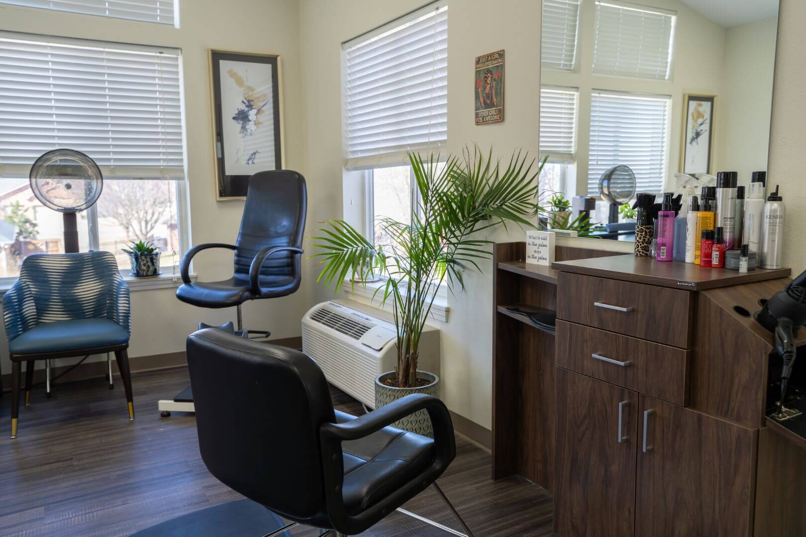 Bright Beauty Salon with Styling Chair and Mirror Station in Independent Living